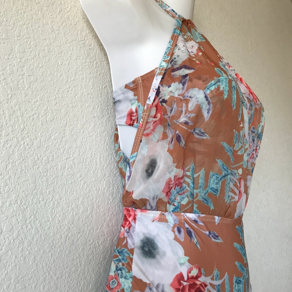 Tan Flower Monokini Padded Bra One-Piece Swimsuit - Picture 2 of 8